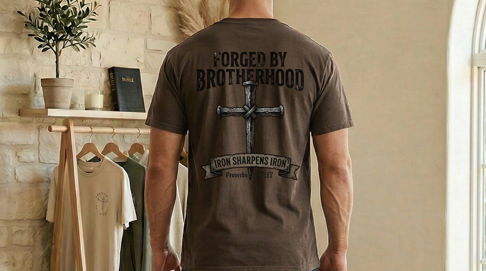 Forged By Brotherhood Cross T Shirt showcasing strong design, perfect for Christian brotherhood apparel, emphasizing faith and fellowship.