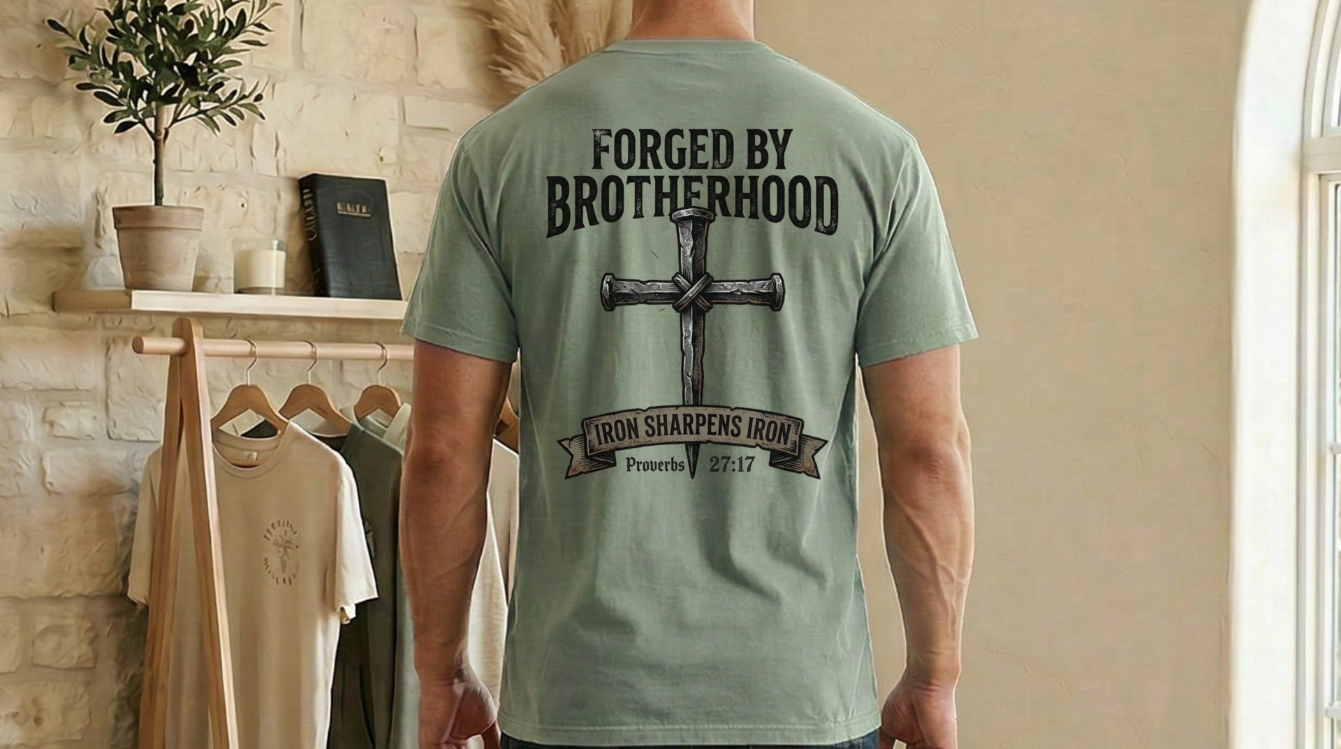 Forged By Brotherhood Cross T Shirt showcasing a bold cross graphic; perfect Christian brotherhood apparel.