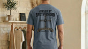 Forged By Brotherhood Cross T Shirt featuring a bold cross design, part of Christian brotherhood apparel.