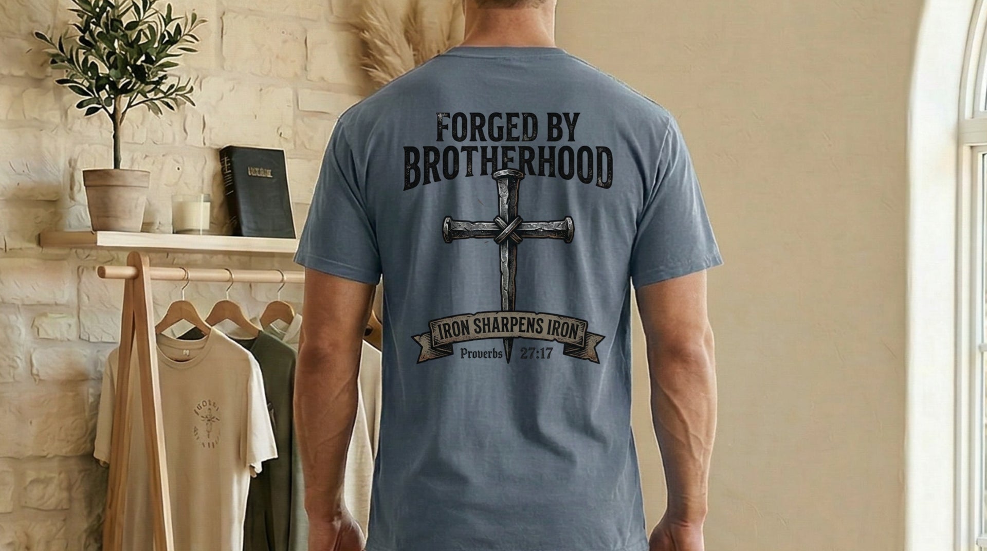 Forged By Brotherhood Cross T Shirt featuring a bold cross design, part of Christian brotherhood apparel.