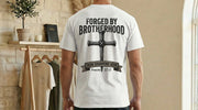 Forged By Brotherhood Cross T Shirt showcasing a bold cross, part of Christian brotherhood apparel collection.