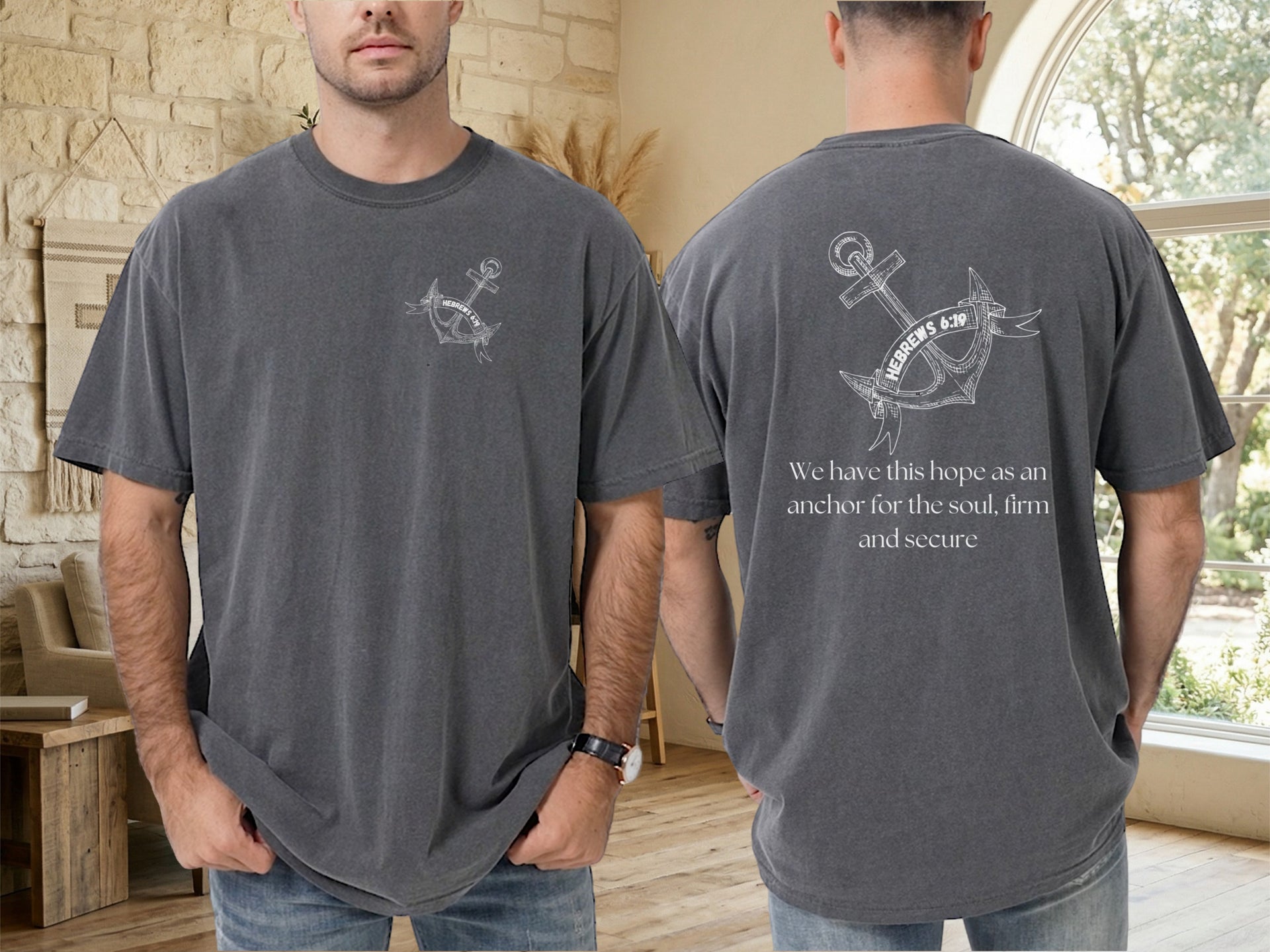 Hebrews 6:19 anchor scripture shirt displayed on a model, featuring anchor design and scripture text on back.