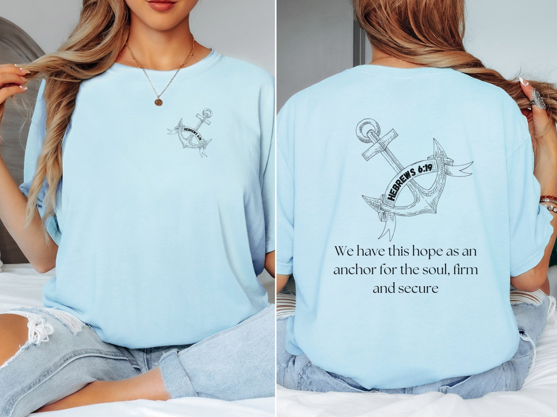 Hebrews 6:19 anchor scripture shirt with anchor design and inspirational Bible verse, unisex, light blue color.