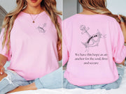 Hebrews 6:19 anchor scripture shirt featuring a pink unisex tee with anchor illustration and inspirational text.