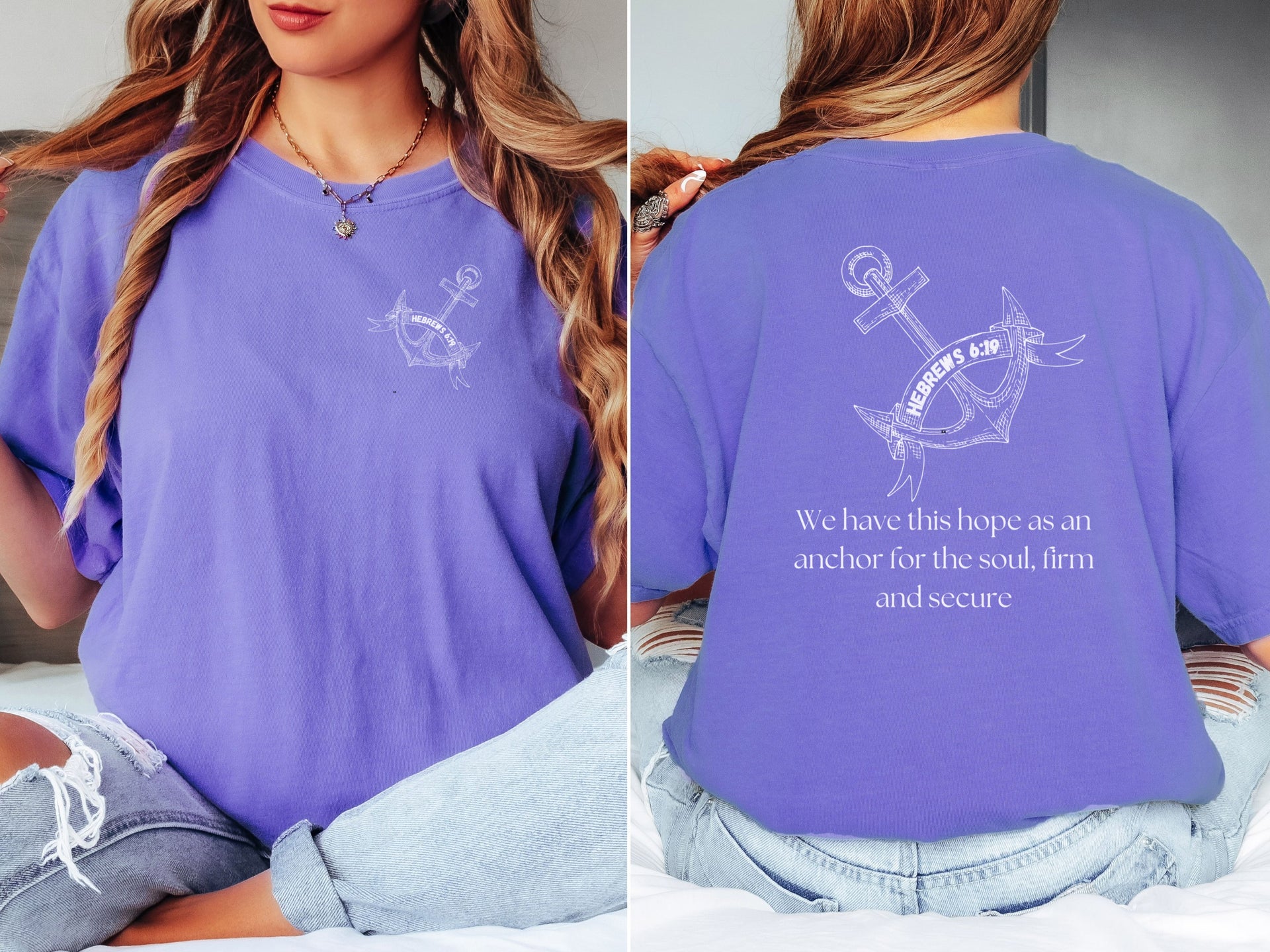 Hebrews 6:19 anchor scripture shirt featuring anchor design and scripture text on a purple unisex T-shirt.