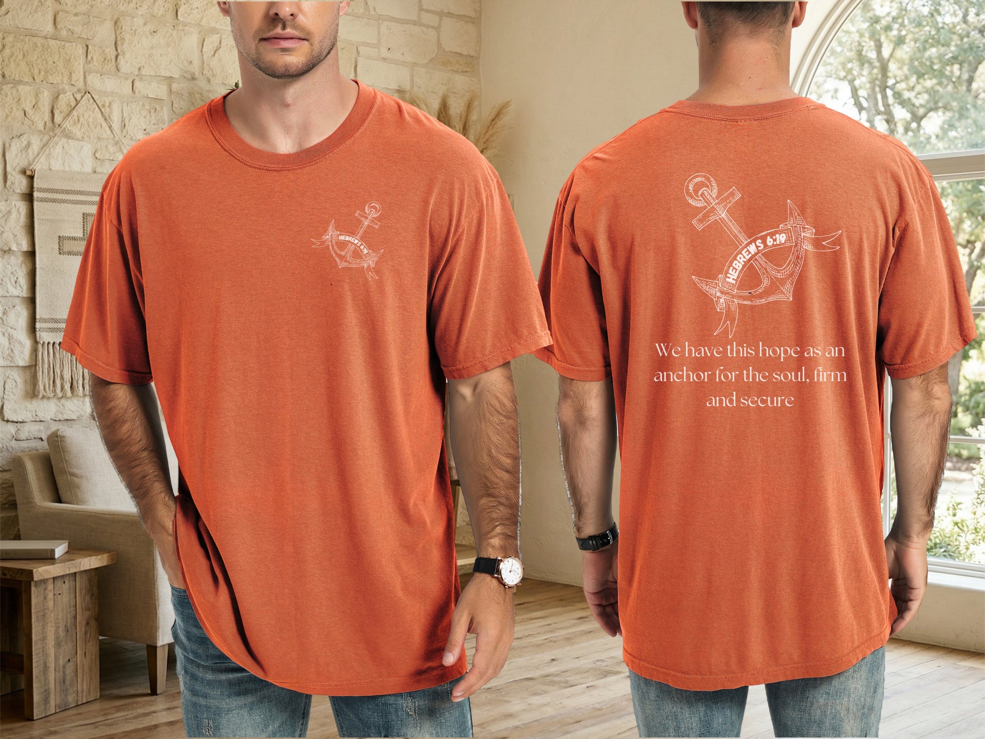Hebrews 6:19 anchor scripture shirt featuring an orange unisex T-shirt with navy anchor design and faith message.
