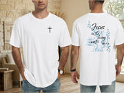 Jesus living water t shirt displayed on model in a modern living room, featuring front cross and back water-themed design.