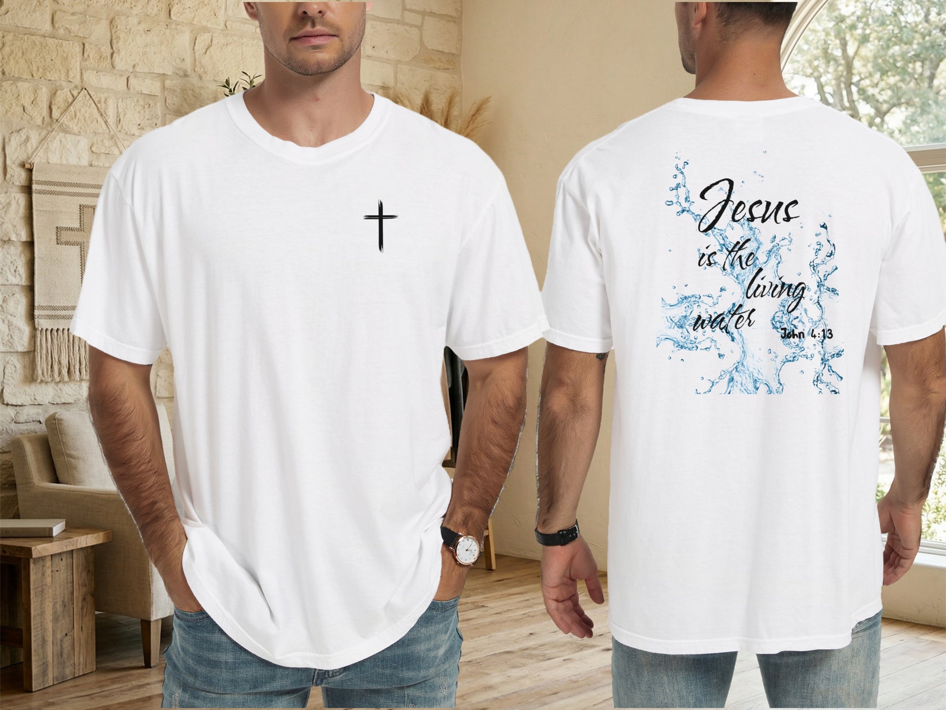 Jesus living water t shirt displayed on model in a modern living room, featuring front cross and back water-themed design.