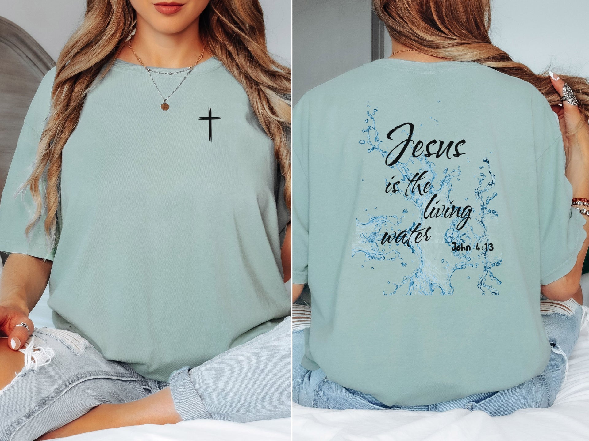 Jesus living water t shirt in soft green color, featuring inspirational design with scripture on the back.