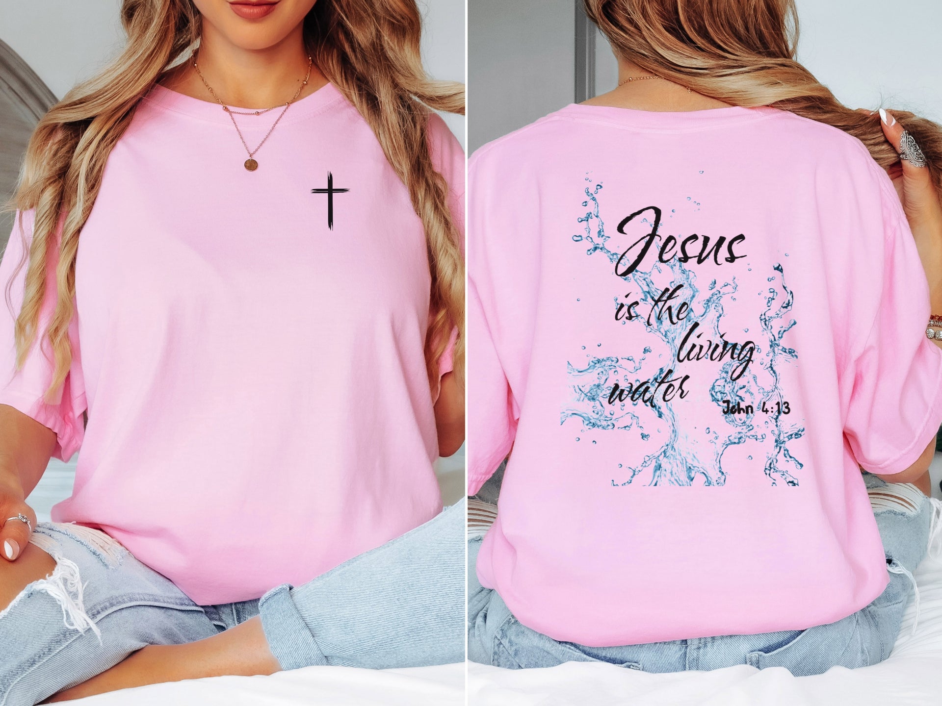 Jesus living water t shirt featuring pink color with scripture design and cross embellishment