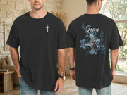 Jesus living water t shirt featuring a cross design and inspirational scripture on the back.