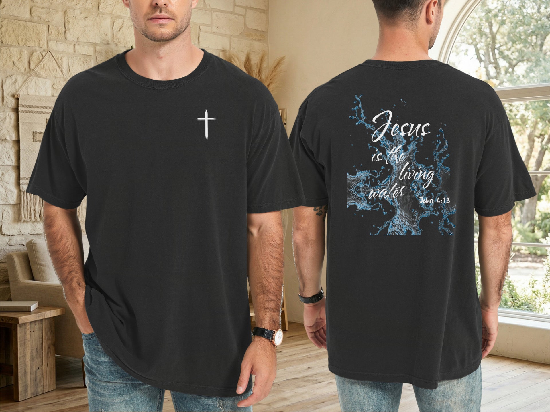 Jesus living water t shirt featuring a cross design and inspirational scripture on the back.