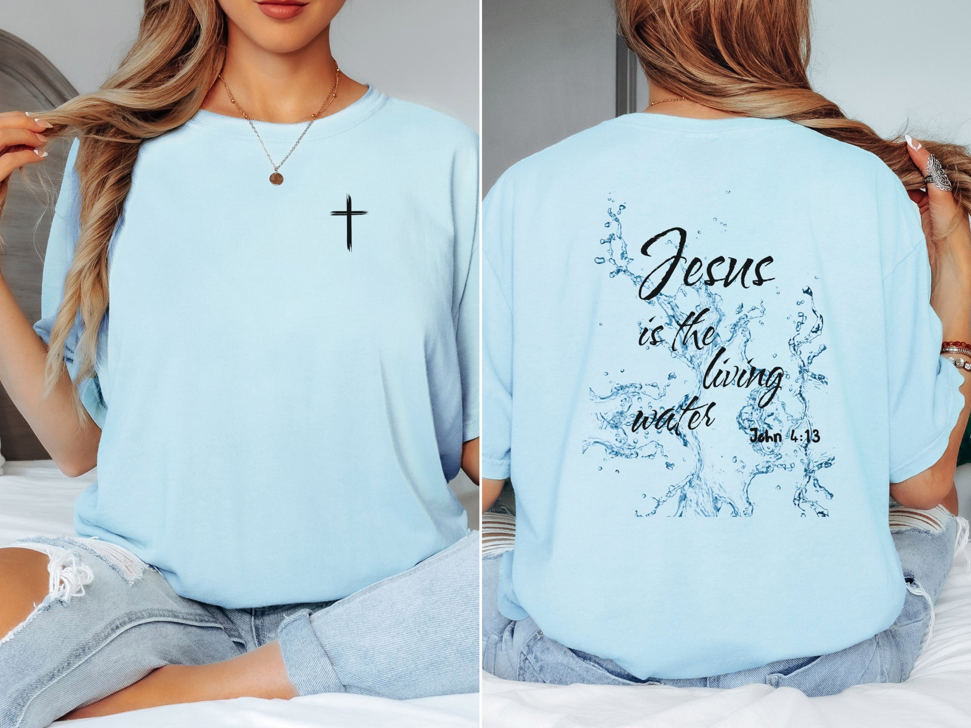 Jesus living water t shirt featuring cross design on front and inspirational text on back.