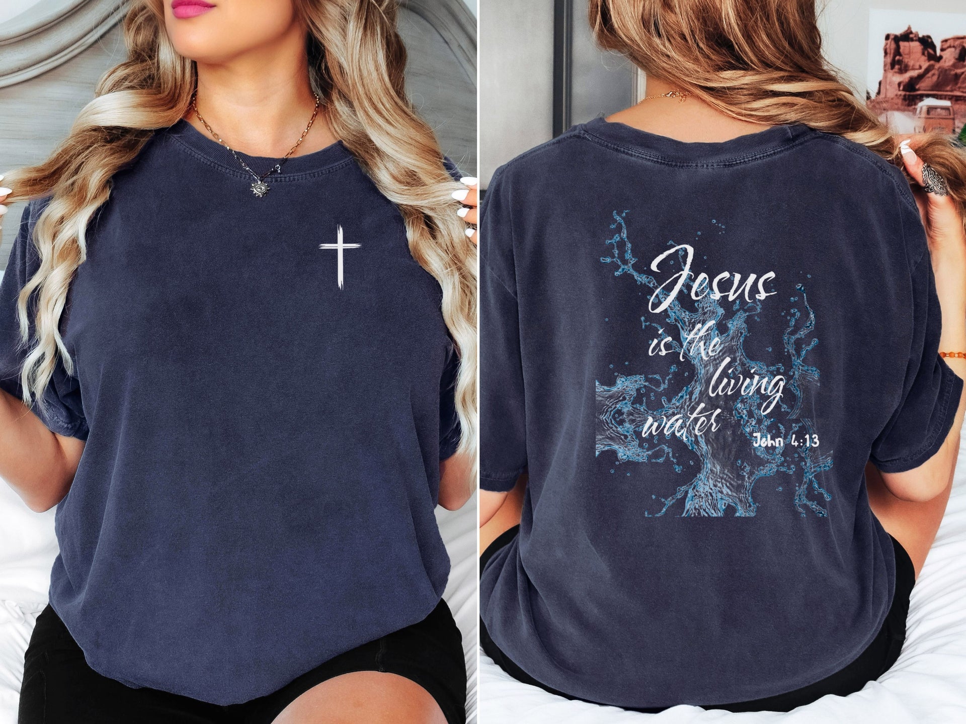 Jesus living water t shirt featuring a cross and meaningful design on a comfortable navy tee.
