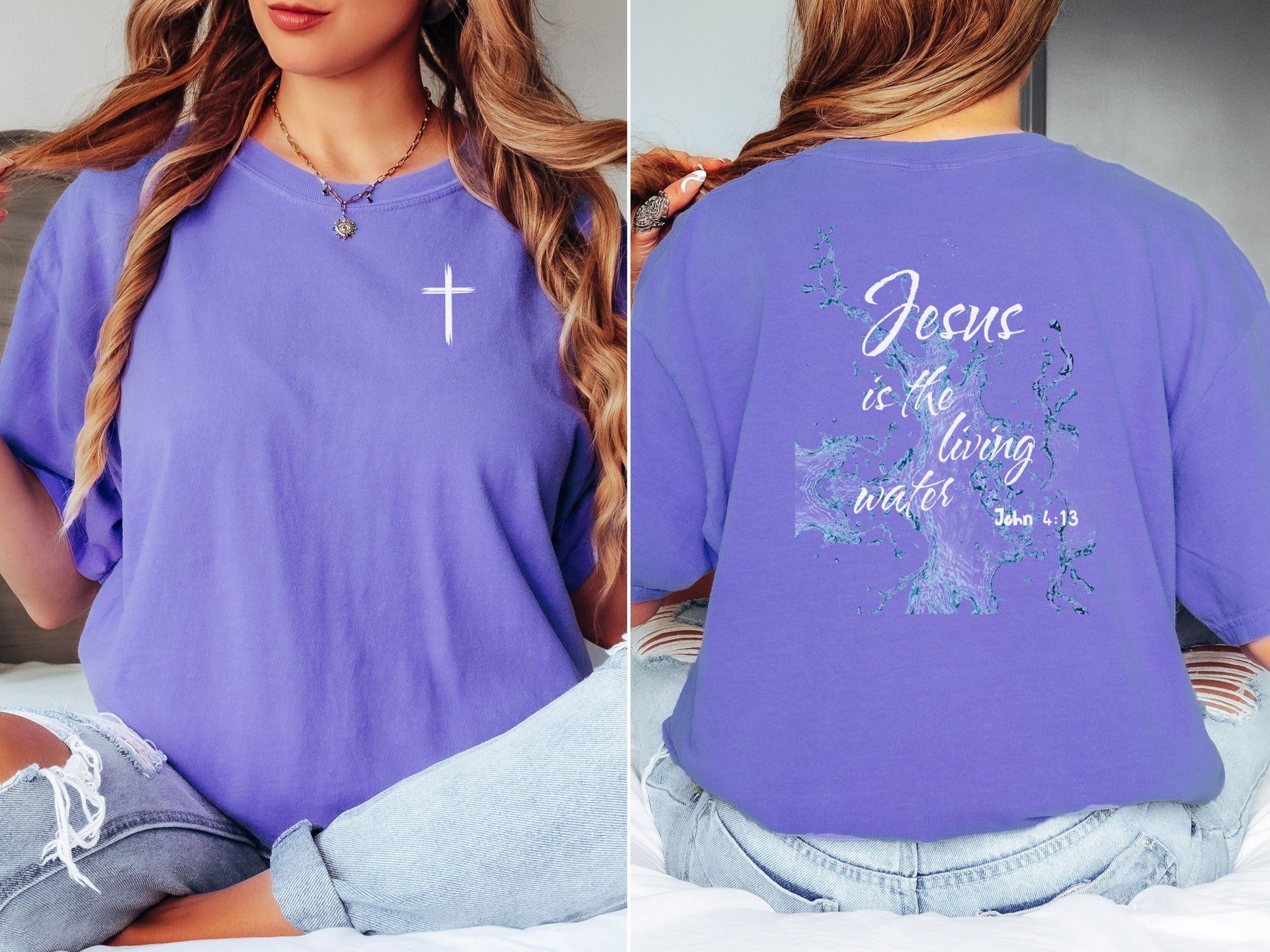 Jesus living water t shirt on a model, featuring a cross on the front and a colorful design on the back with scripture.