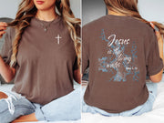 Jesus living water t shirt featuring a cross design and scripture reference, promoting hope and faith.
