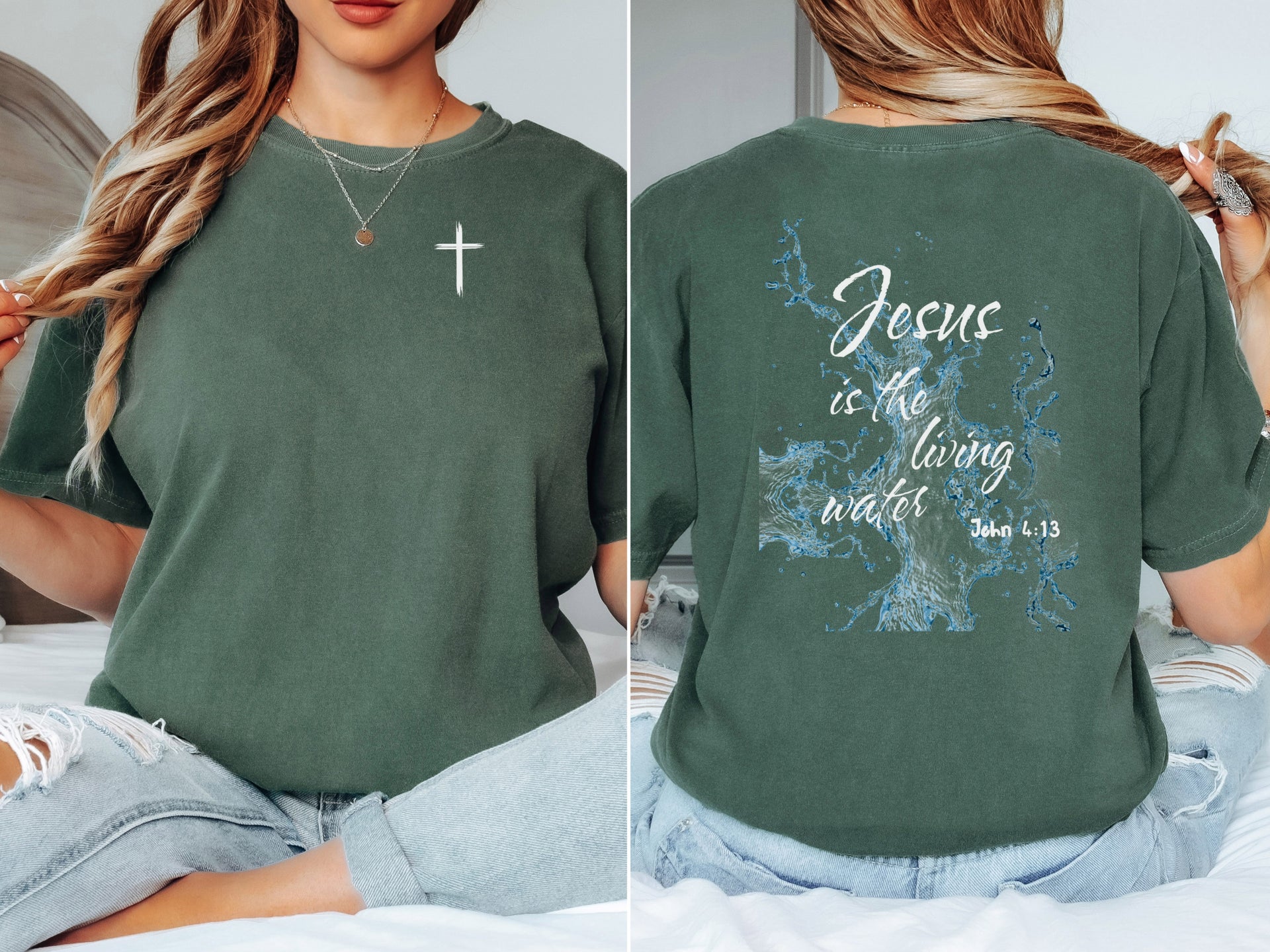 Jesus living water t shirt featuring a cross design and scripture reference on a soft green Comfort Colors tee.