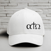 Alpha Omega Cross black hat with Greek letters embroidered on a white Flexfit cap, representing Christian faith.