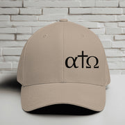 Alpha Omega Cross Black Embroidered Flexfit Hat, Greek Letter Christian Cap