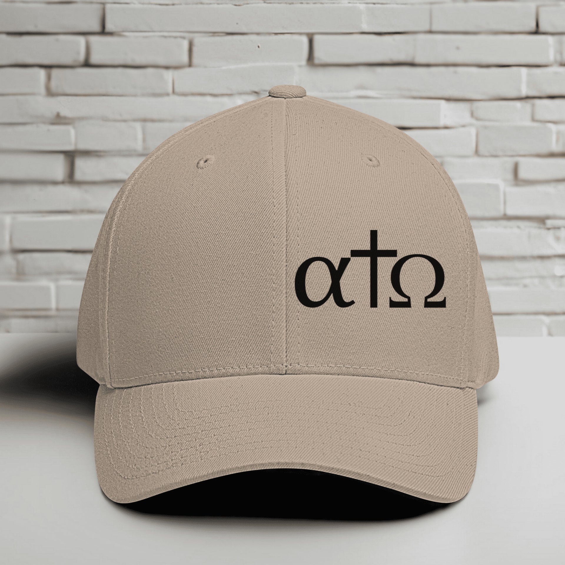 Alpha Omega Cross Black Embroidered Flexfit Hat, Greek Letter Christian Cap