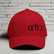 Alpha Omega Cross black hat with Greek letters, featuring a minimalist design on a red Flexfit cap.