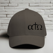 alpha omega cross black hat featuring Greek letters and minimalist design, perfect for faith wear.