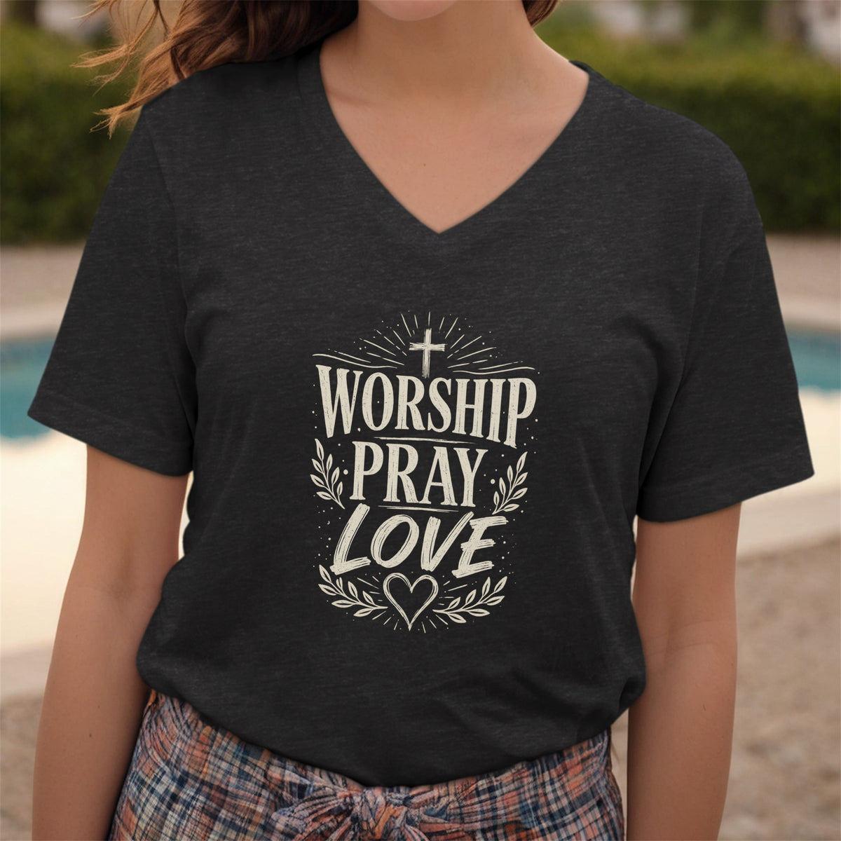Worship Pray Love V Neck Tee