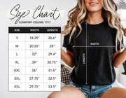 Size chart for Comfort Colors 1717 t shirts, including dimensions for S, M, L, XL, XXL, 3XL, and 4XL.