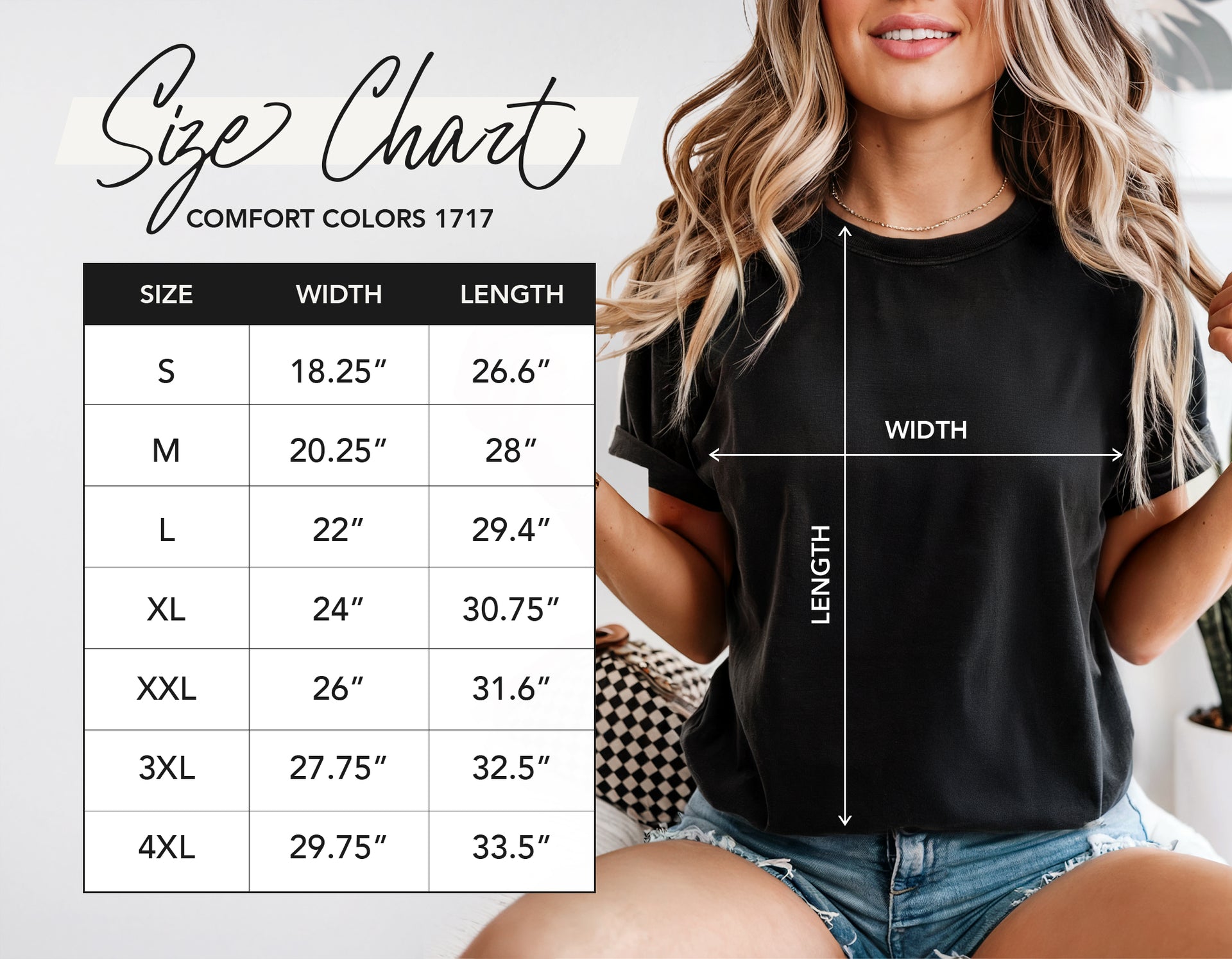 Size chart for Comfort Colors 1717 t shirts, including dimensions for S, M, L, XL, XXL, 3XL, and 4XL.