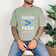 Faith > Fear T shirt design featuring bold letters, representing faith over fear t shirt in soft cotton.