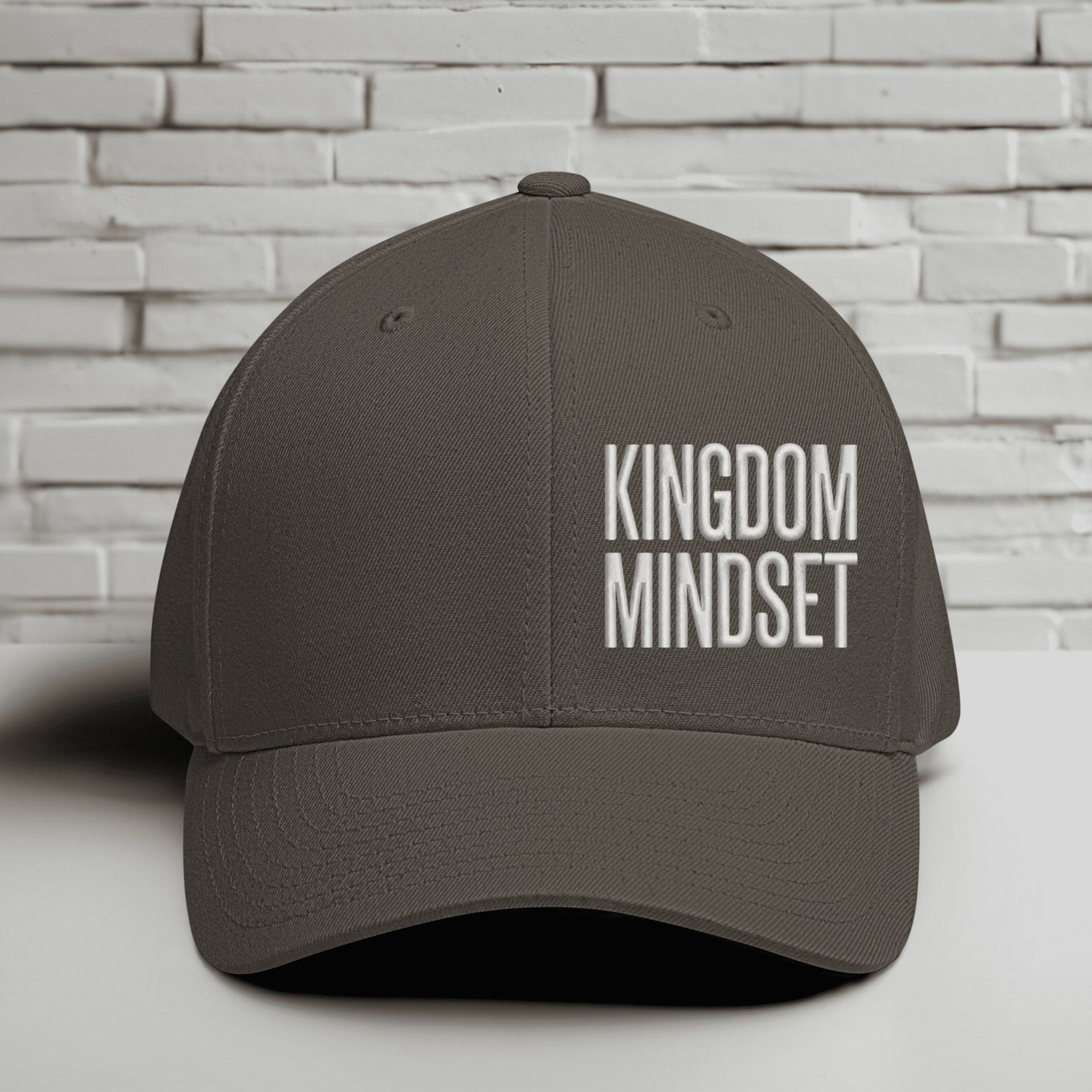 Flexfit Kingdom Mindset hat in dark grey with white embroidery, perfect for casual wear and faith-based activities.