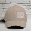 Flexfit Kingdom Mindset hat in khaki with white embroidery on a textured background.