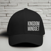 Flexfit Kingdom Mindset hat featuring clean white embroidery on a black cap, perfect for casual wear and faith-based style.