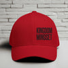 Flexfit Kingdom Mindset embroidered faith hat in red with bold embroidery, perfect for casual wear and workouts.