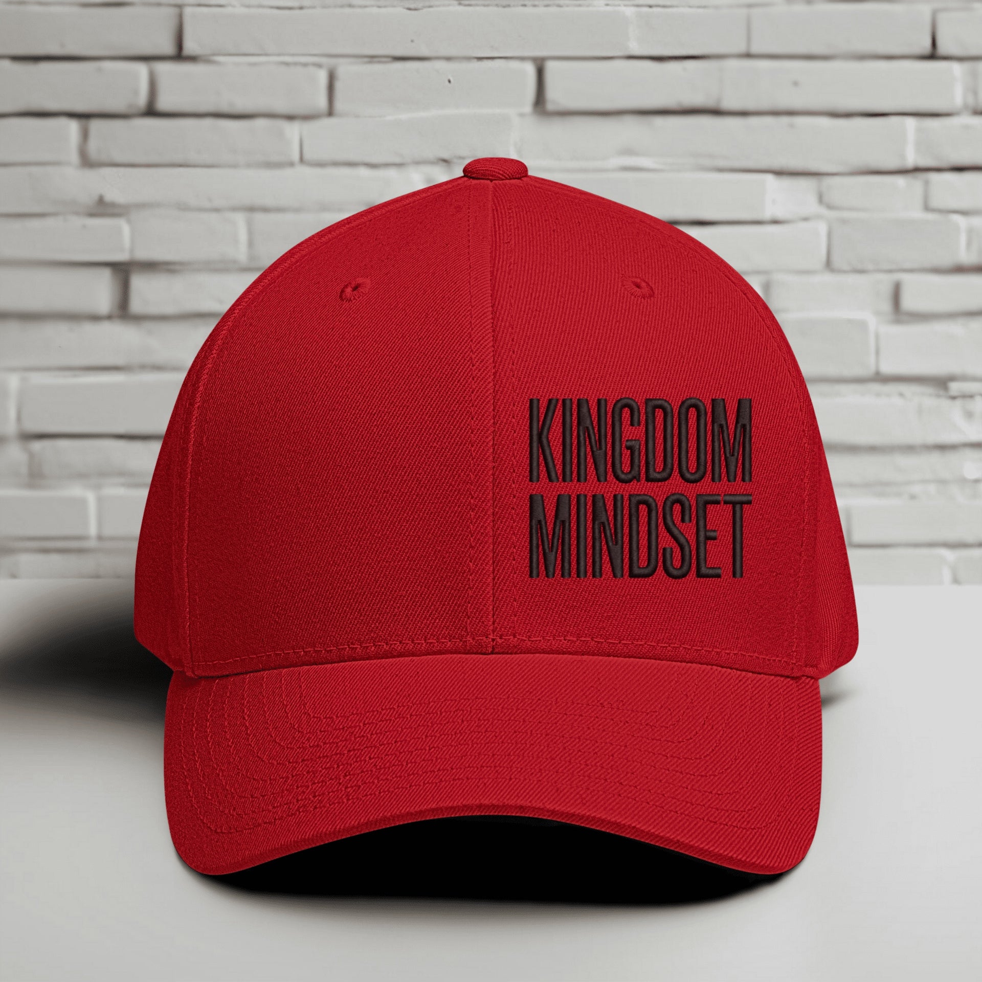 Flexfit Kingdom Mindset embroidered faith hat in red with bold embroidery, perfect for casual wear and workouts.