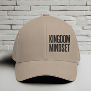 Flexfit Kingdom Mindset embroidered faith hat in khaki color with clean lettering design for casual wear.