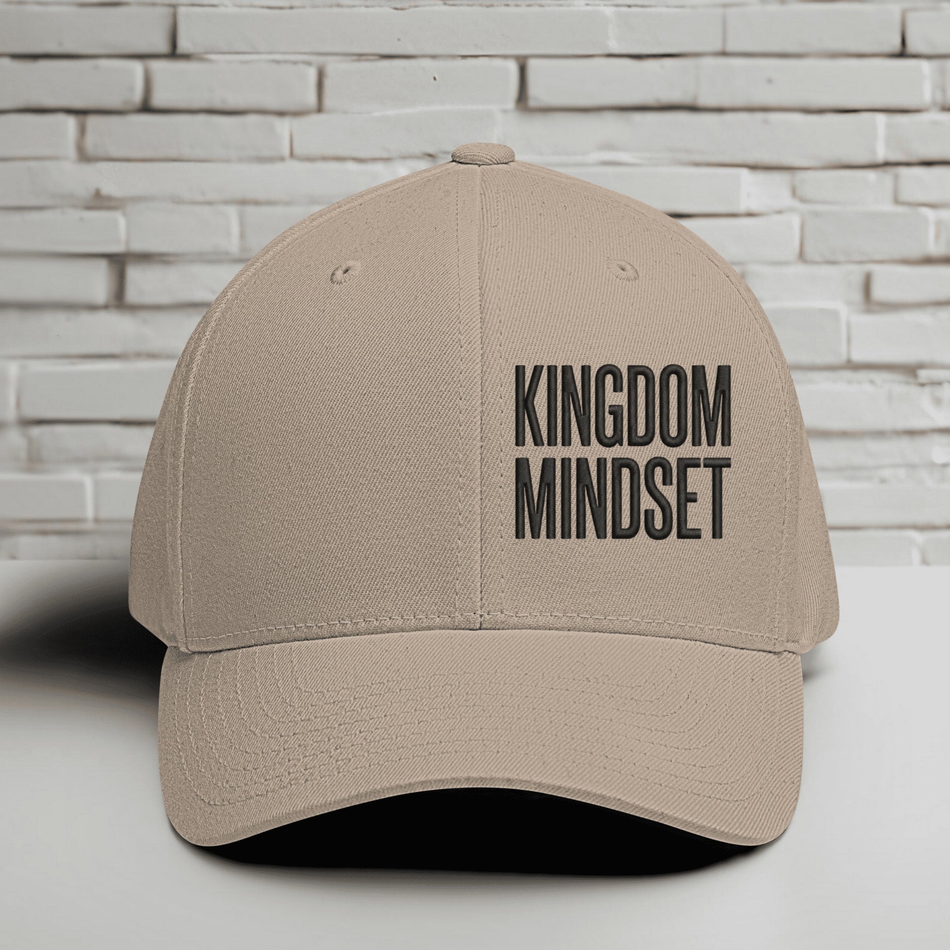 Flexfit Kingdom Mindset embroidered faith hat in khaki color with clean lettering design for casual wear.