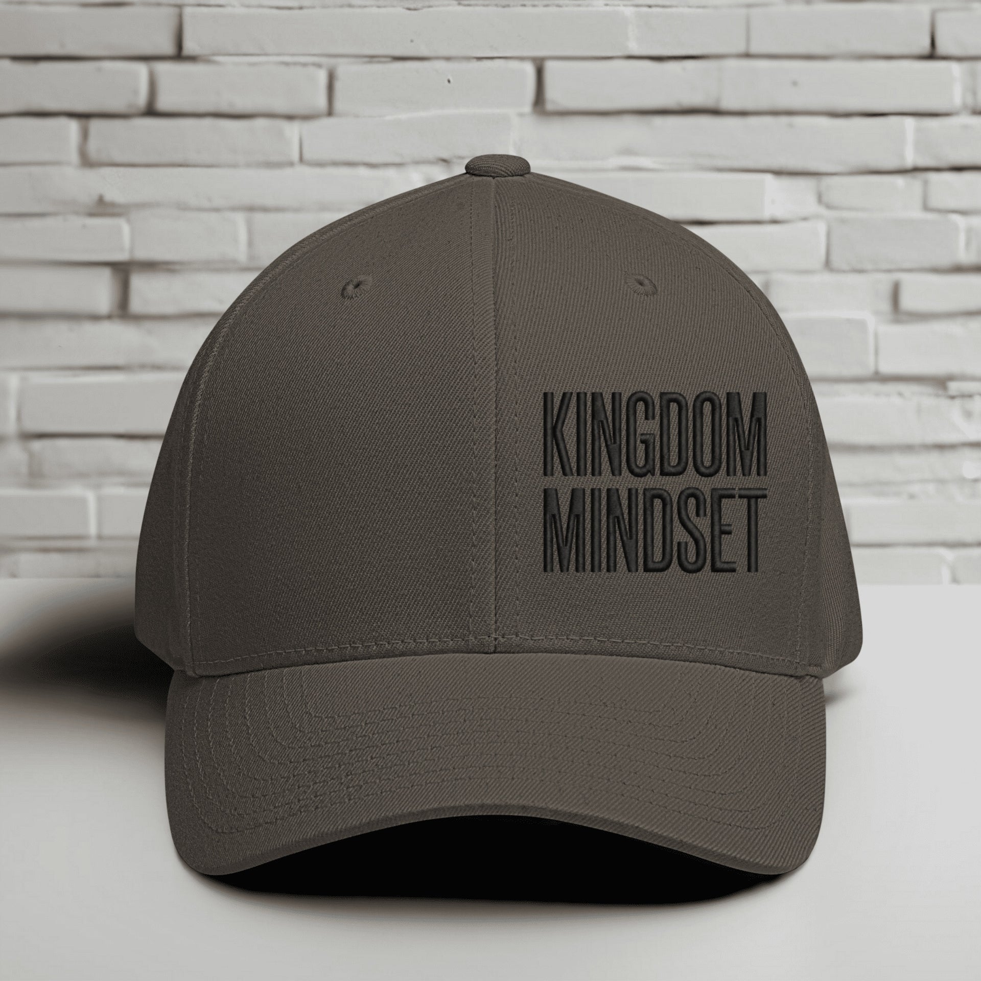 Flexfit Kingdom Mindset Embroidered Hat in olive color, featuring 'Kingdom Mindset' for a bold look. Perfect embroidered faith hat.
