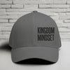 Flexfit Kingdom Mindset Embroidered Hat in grey, showcasing bold lettering, perfect for casual wear and workouts.