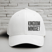 Flexfit Kingdom Mindset embroidered faith hat in white with bold lettering, perfect for casual and active wear.
