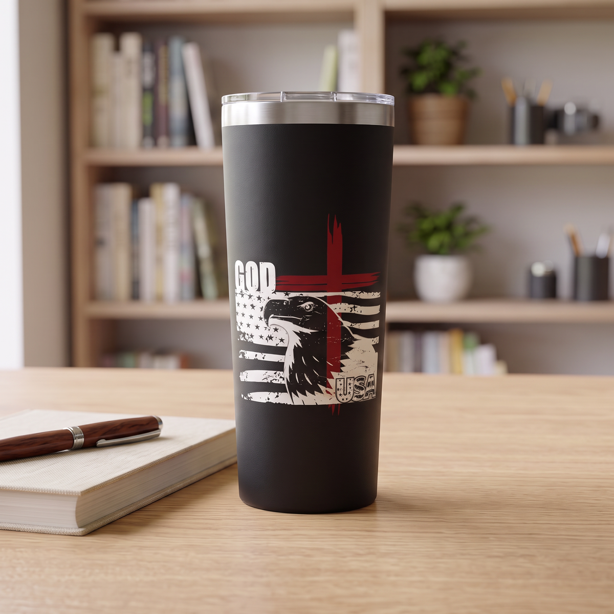 God + USA Stainless Steel Tumbler, Patriotic Travel Mug, Religious Gift, 22oz Insulated Mug, American Flag Design