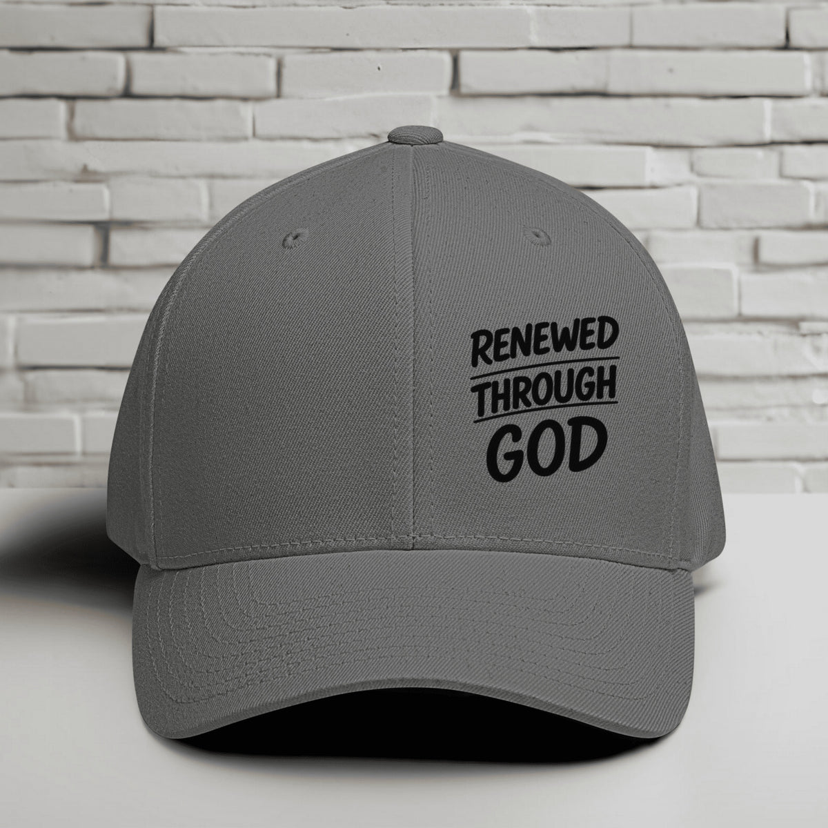 Renewed Through God Embroidered Flexfit Hat - Black Embroidery