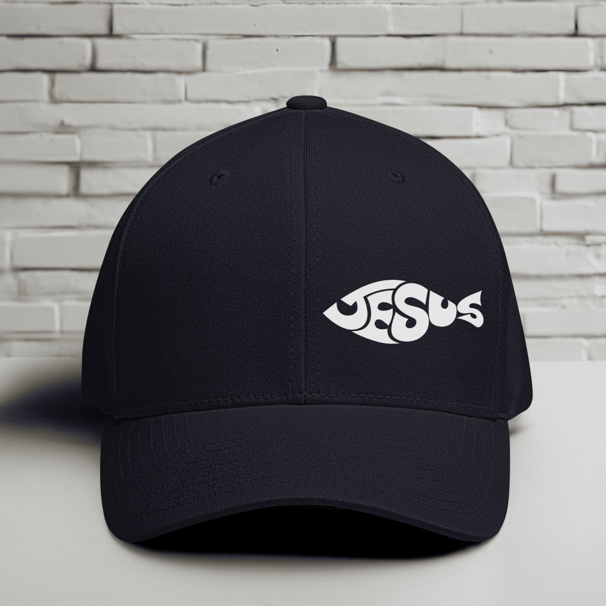 Jesus Fish Embroidered Flexfit Hat - White Embroidery