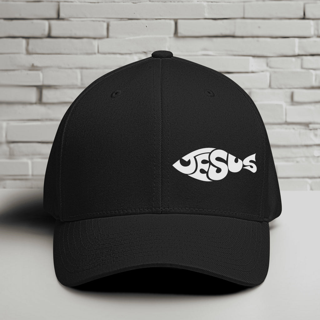 Jesus Fish Embroidered Flexfit Hat - White Embroidery