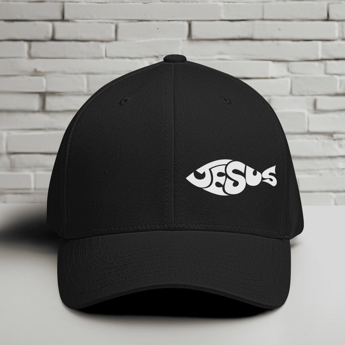 Jesus Fish Embroidered Flexfit Hat - White Embroidery
