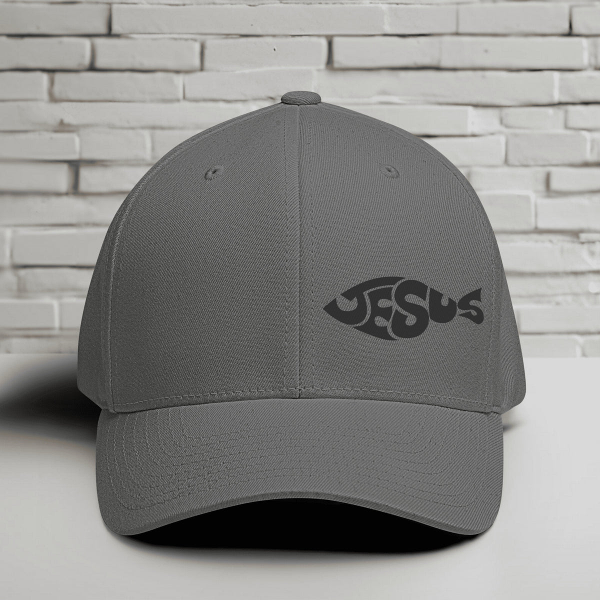 Jesus Fish Embroidered Flexfit Hat - Black Embroidery