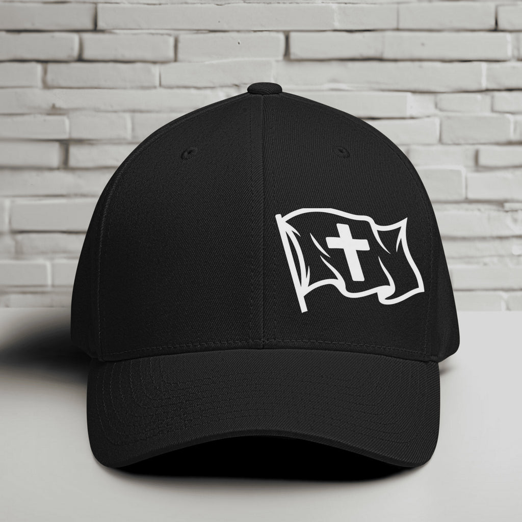 Waving Flag With Cross White Embroidery Flexfit Hat