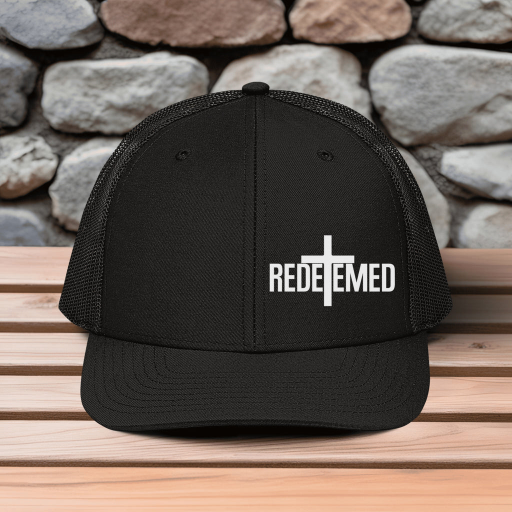 Redeemed With Cross Embroidered Richardson Snapback Trucker Hat