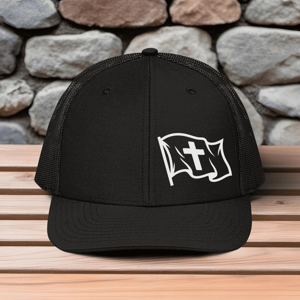 Waving Flag With Cross Embroidered Richardson Snapback Trucker Hat