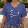 Woman Of Faith Heart Cross V Neck Tee